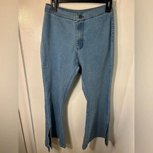 Daisy, L, stretch, button zip, flare, leg with slit, and 2 back pockets